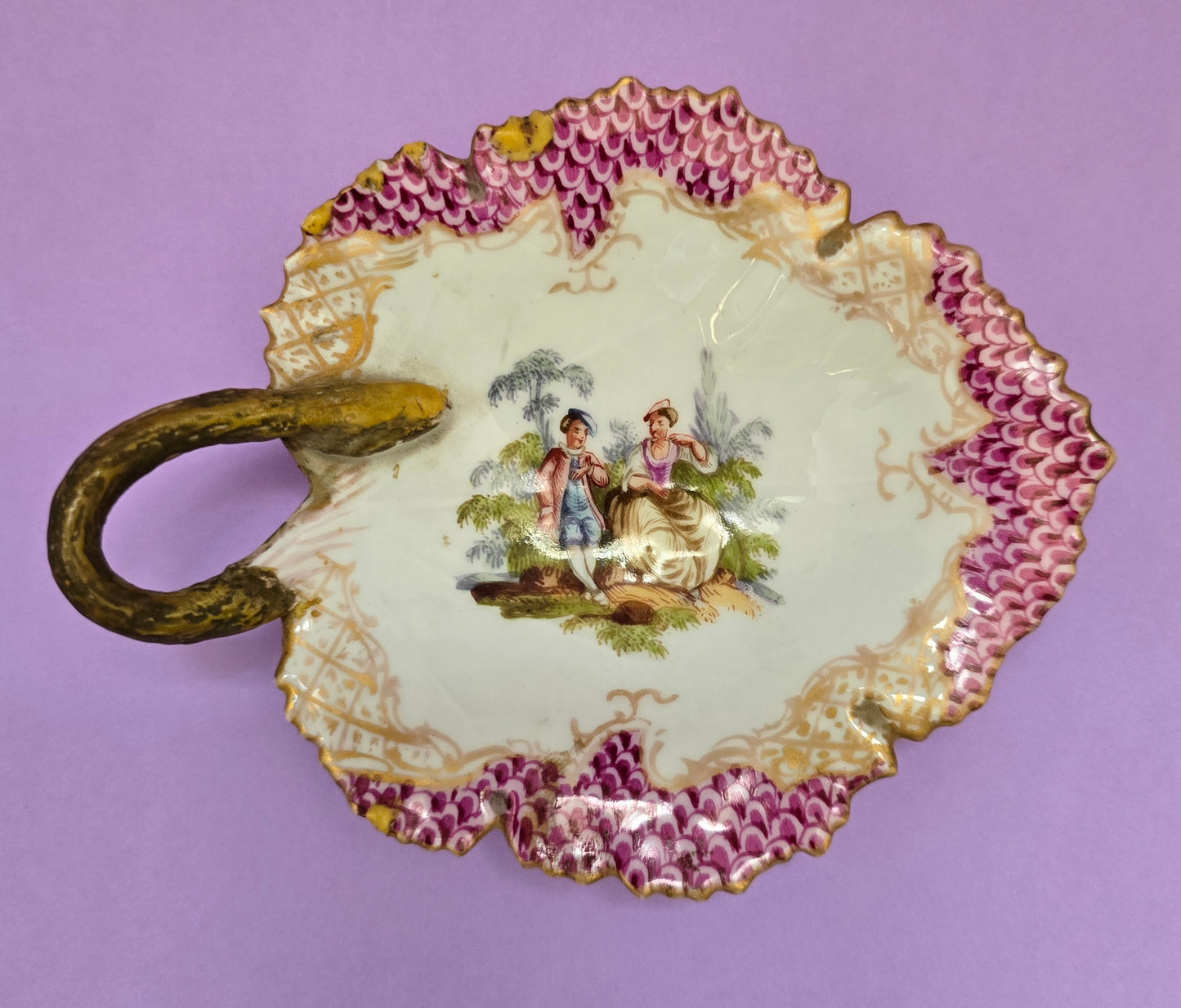Meissen Porcelain Leaf-Shaped Trinket Tray with Watteau Scene