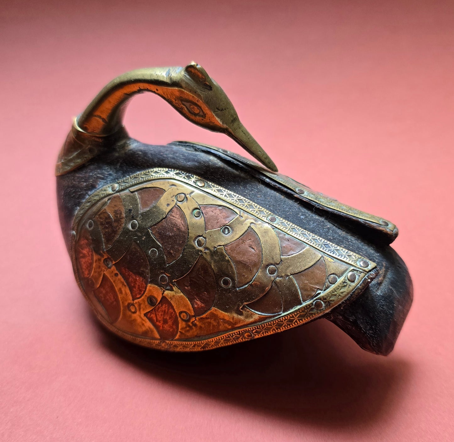 Indian Wooden Swan Figurine with Brass & Copper Inlay – Rajasthan, c.1880–1910