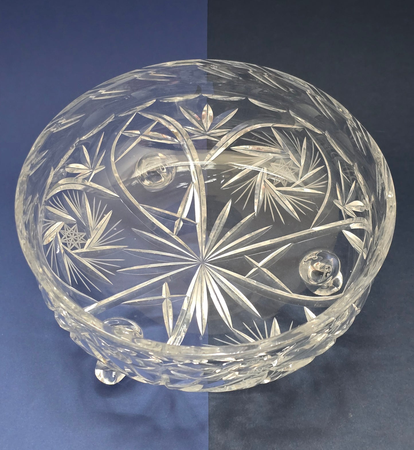 Vintage Cut Crystal Bowl on Three Ball Feet with Pinwheel & Fan Pattern, c.1930