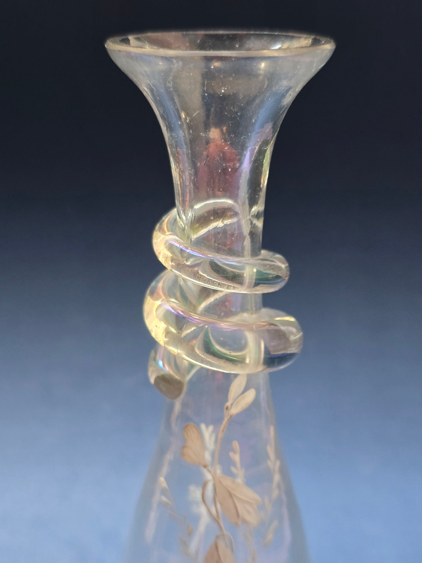 Pair of Bohemian Art Nouveau Iridescent Glass Vases, Loetz Style, Gilt Botanical Decoration, c.1890