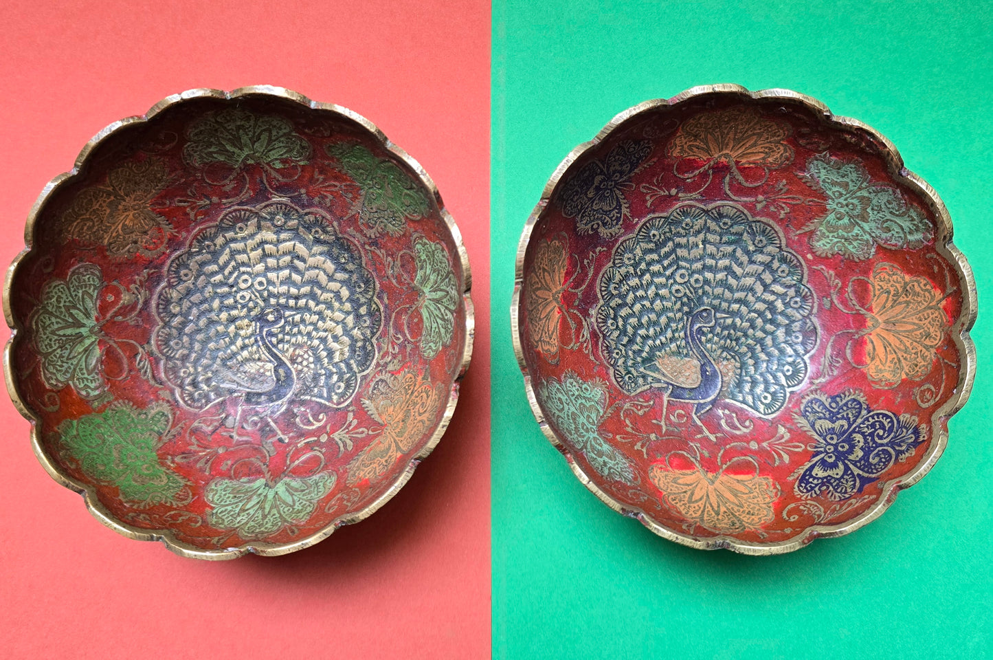 Indian Brass Peacock Bowl – Moradabad Enamel & Engraving, c.1900–20 — Set of 2