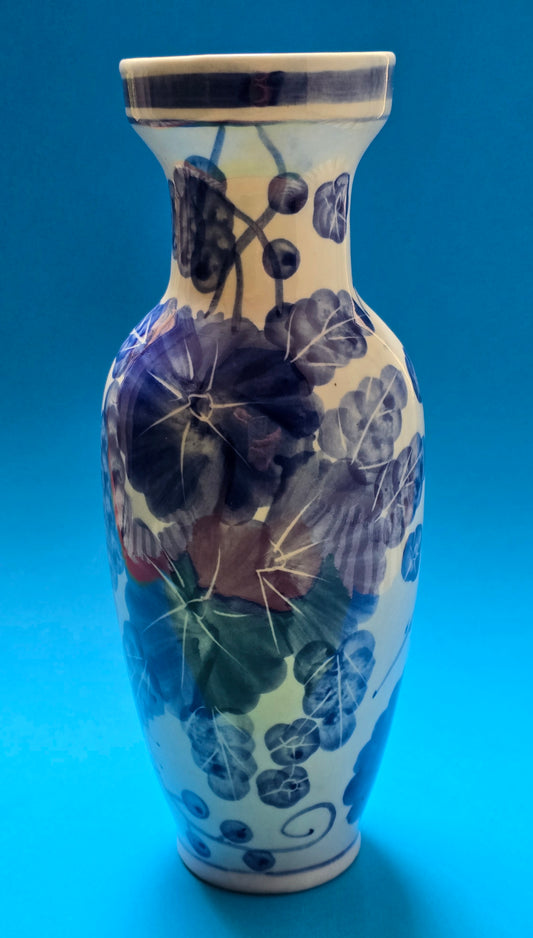 Chinese Export Porcelain Baluster Vase, Hand-Painted Grape Vine & Berries, c.1960