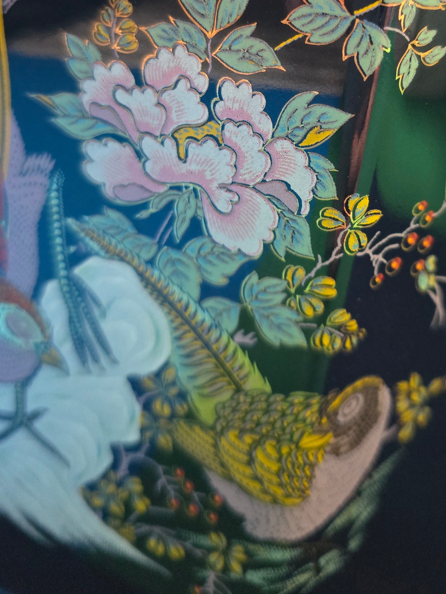 Italian Cobalt Blue Hexagonal Vase with Lid, Hand-Painted Pheasant & Peonies, Model A35, c.1950
