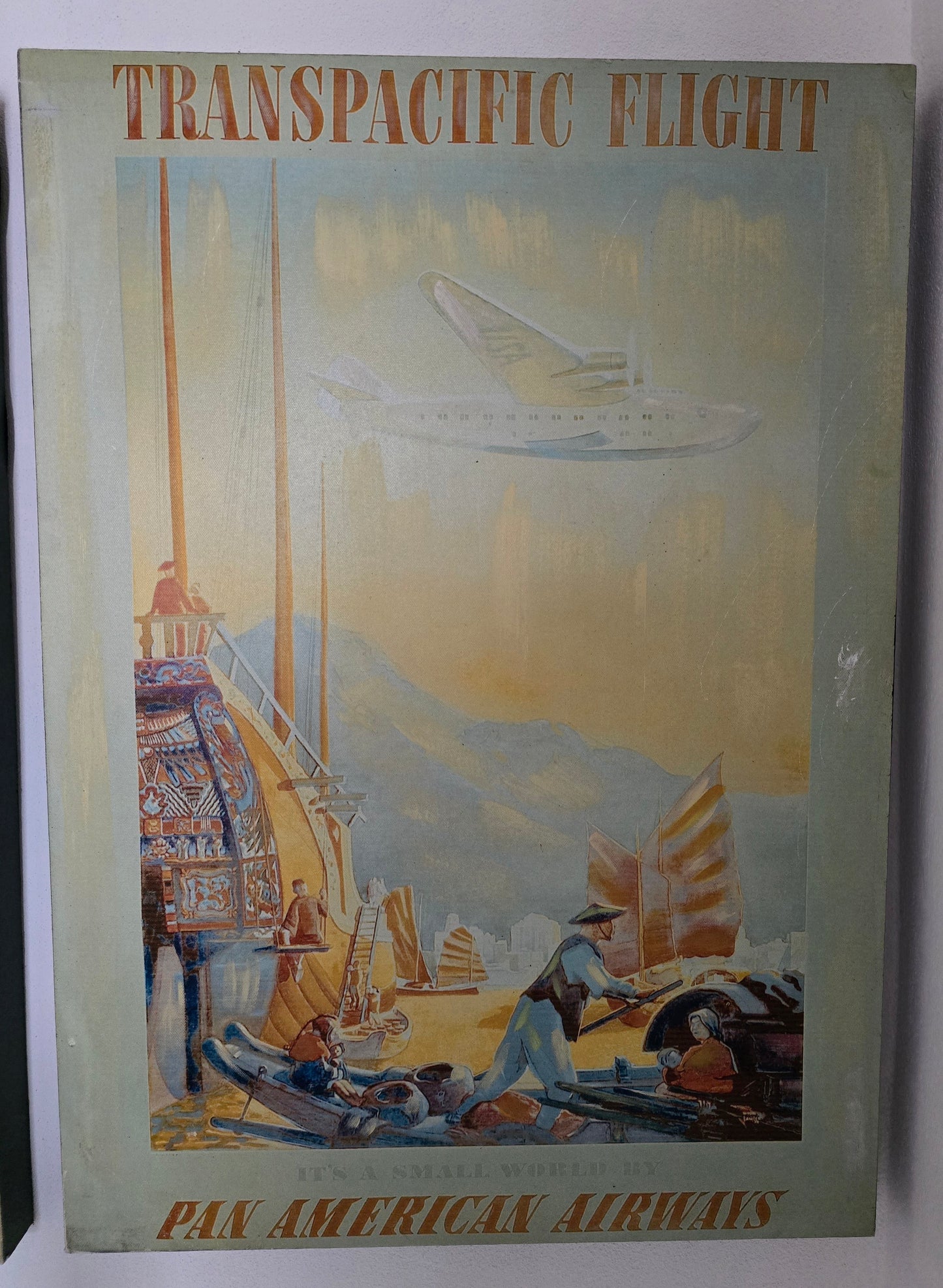 Pan American Airways Vintage Travel Poster – Framed Vinyl Reproduction with Hand-Painted Highlights, 1990s