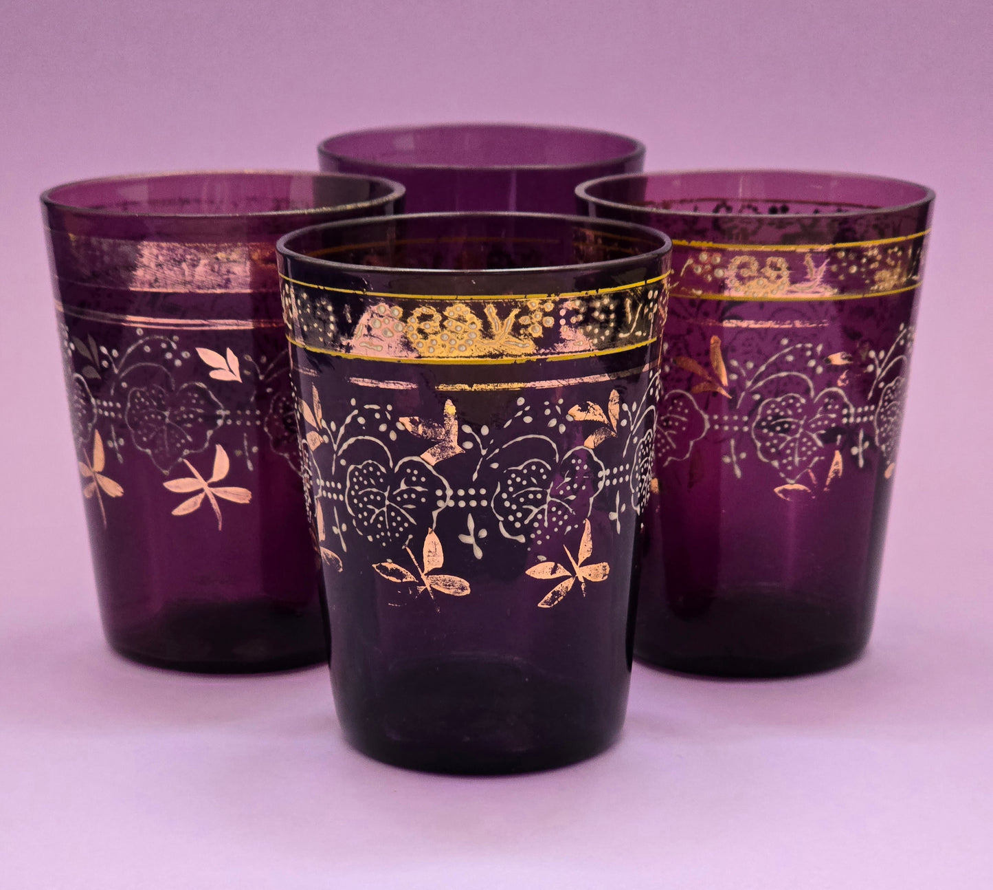 Bohemian Amethyst Glass Tumblers with Gold Enamel – Set of 4, 1870–1890