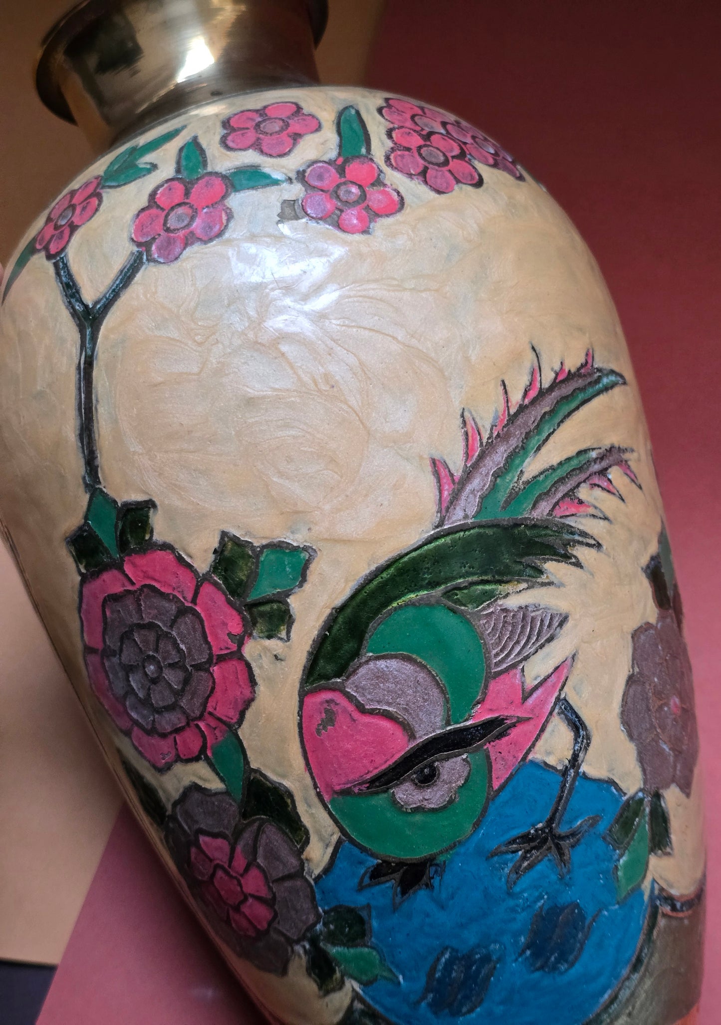 Indian Brass Vase with Cloisonné-Style Enamel Decoration – Bird & Floral, 1960s
