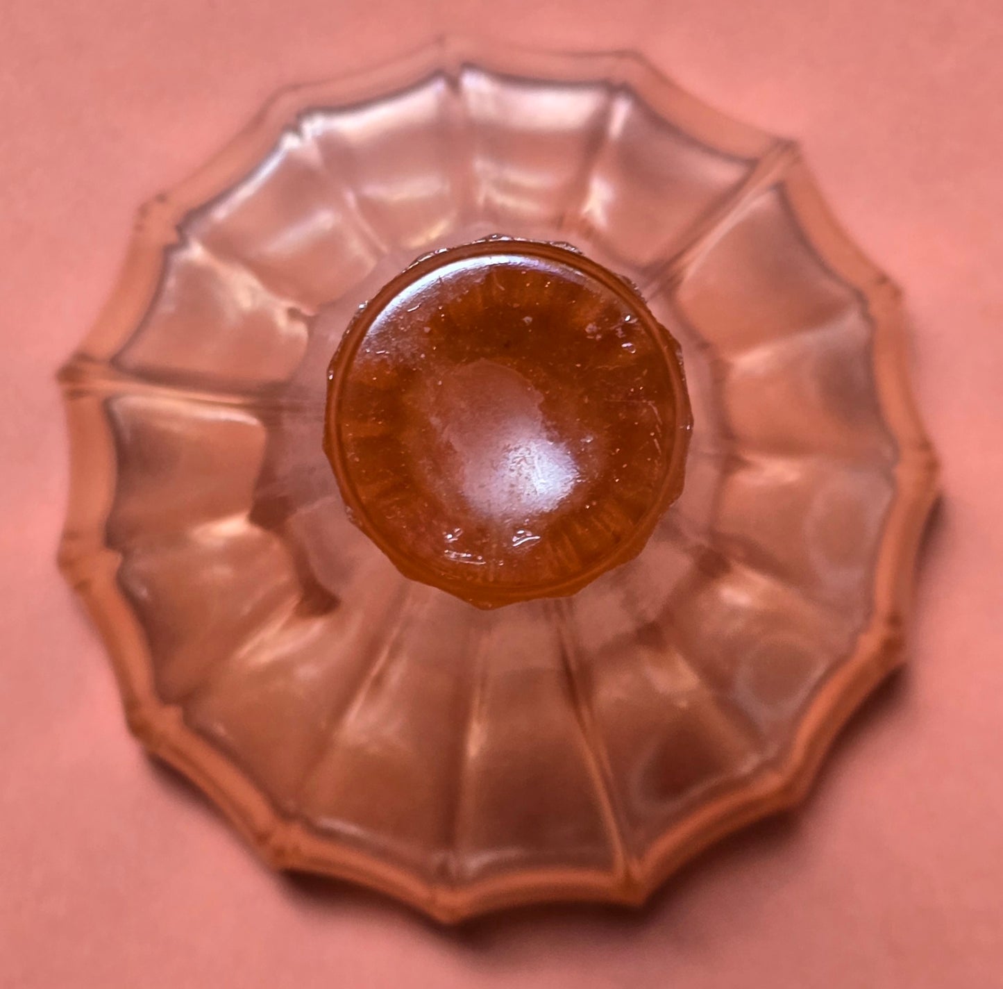 Art Deco Amber Pink Glass Perfume Bottle with Ribbed Stopper, c.1925–1935