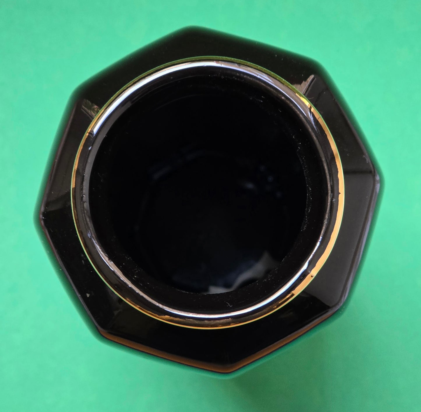 'Oriental Blossom' Black Octagonal Vase, Hand-Painted Flowers & Butterfly, c.1960–1970