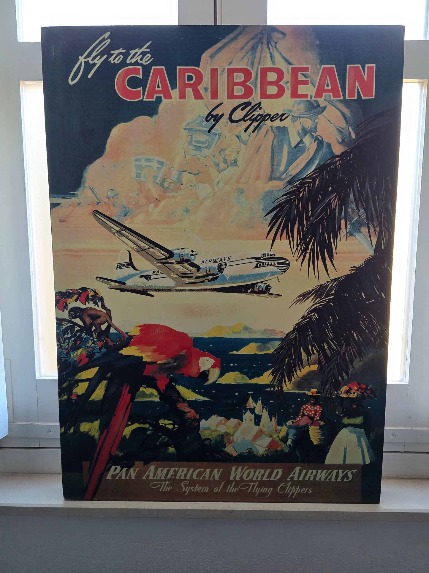 Pan American Airways Vintage Travel Poster – Framed Vinyl Reproduction with Hand-Painted Highlights, 1990s