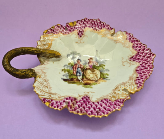 Meissen Porcelain Leaf-Shaped Trinket Tray with Watteau Scene