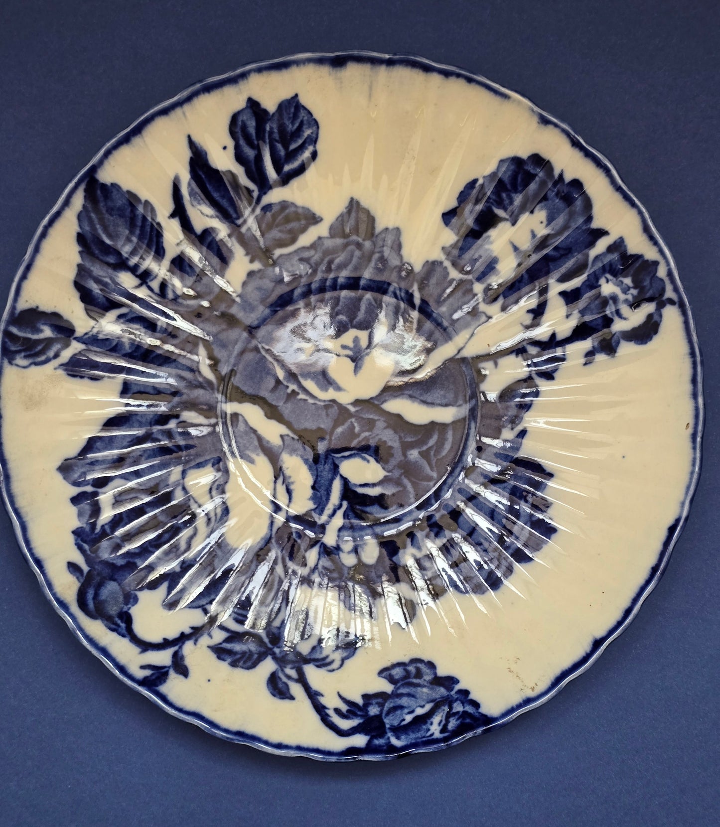 Victorian Ironstone Staffordshire Moustache Cup & Saucer – Blue Rose, c.1890