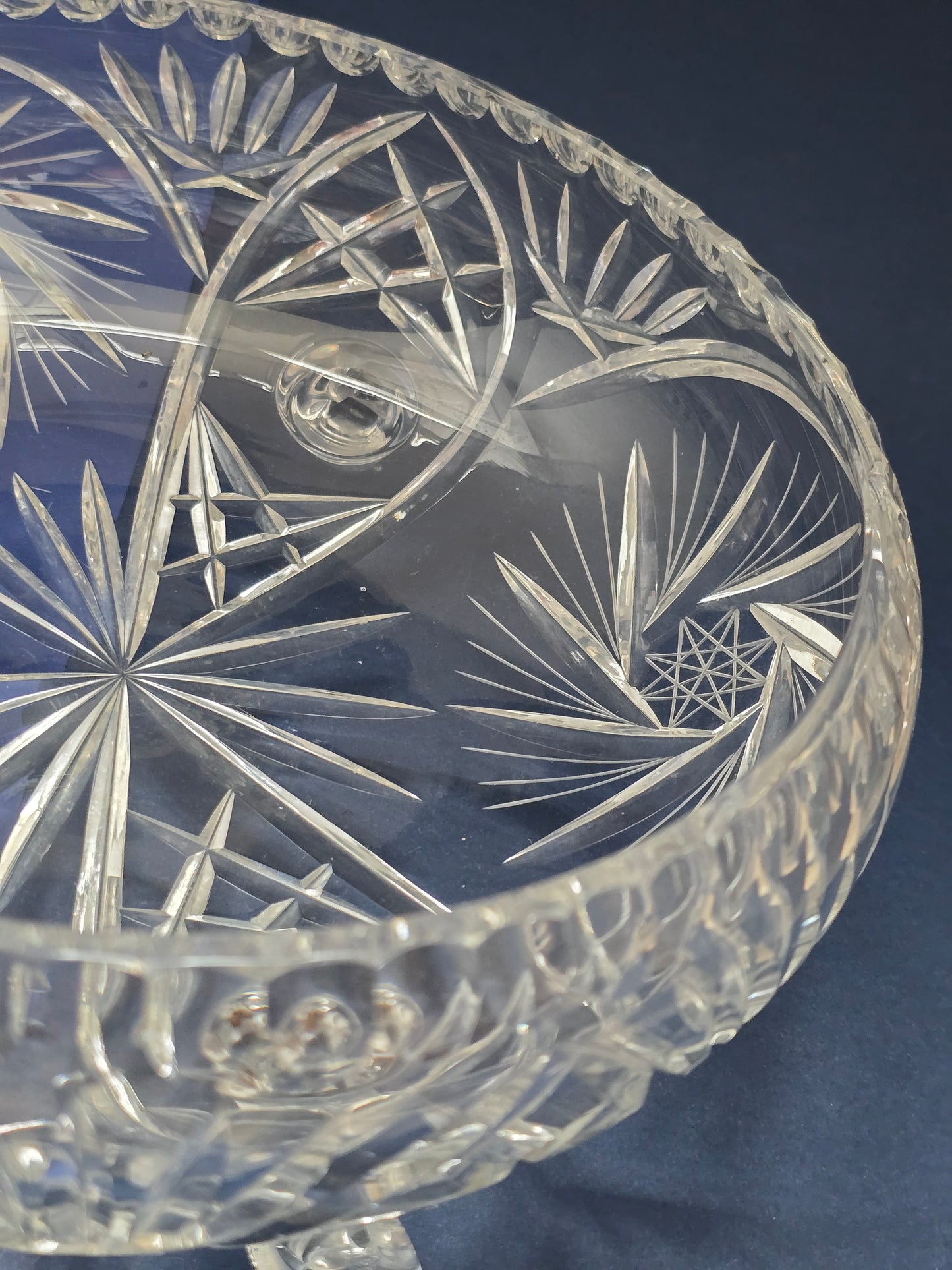 Vintage Cut Crystal Fruit Bowl on Four Ball Feet with Pinwheel & Scalloped Rim, c.1930