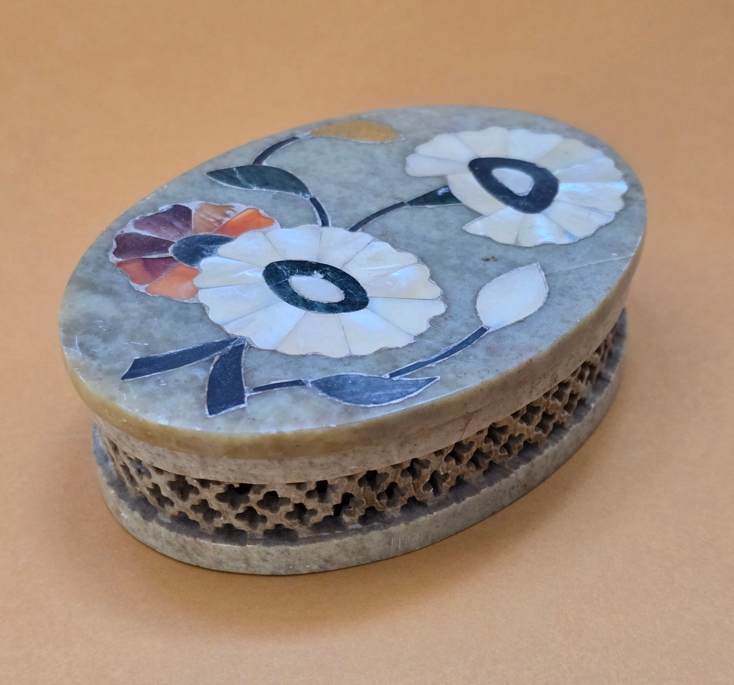 Indian Soapstone Box | Mother of Pearl & Stone Inlay | Rajasthan | c.1970s