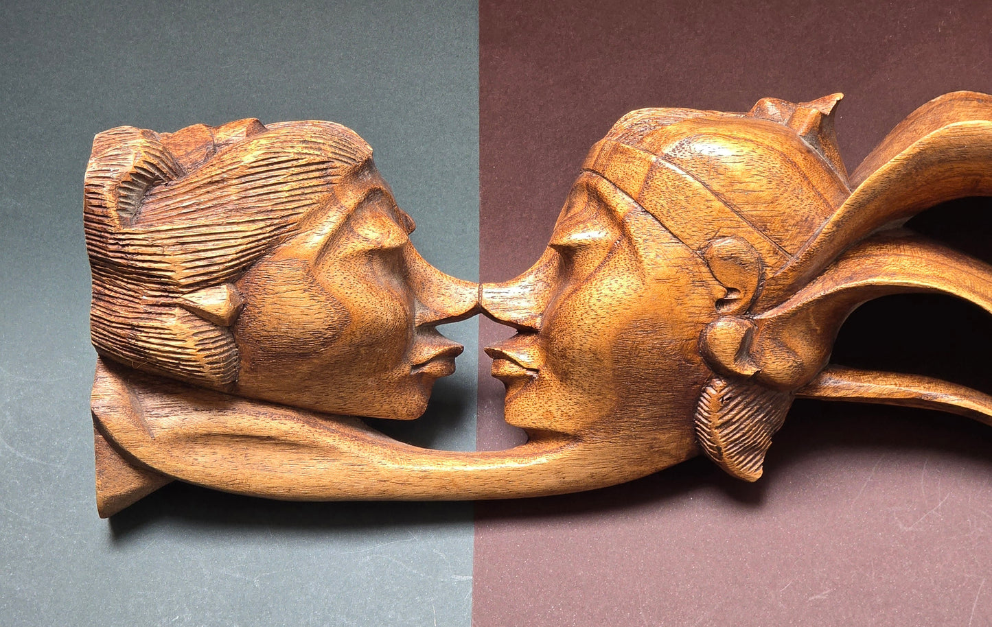 Balinese Hand-Carved Suar Wood Lovers Sculpture with Spiral Horns, c.1940–1950