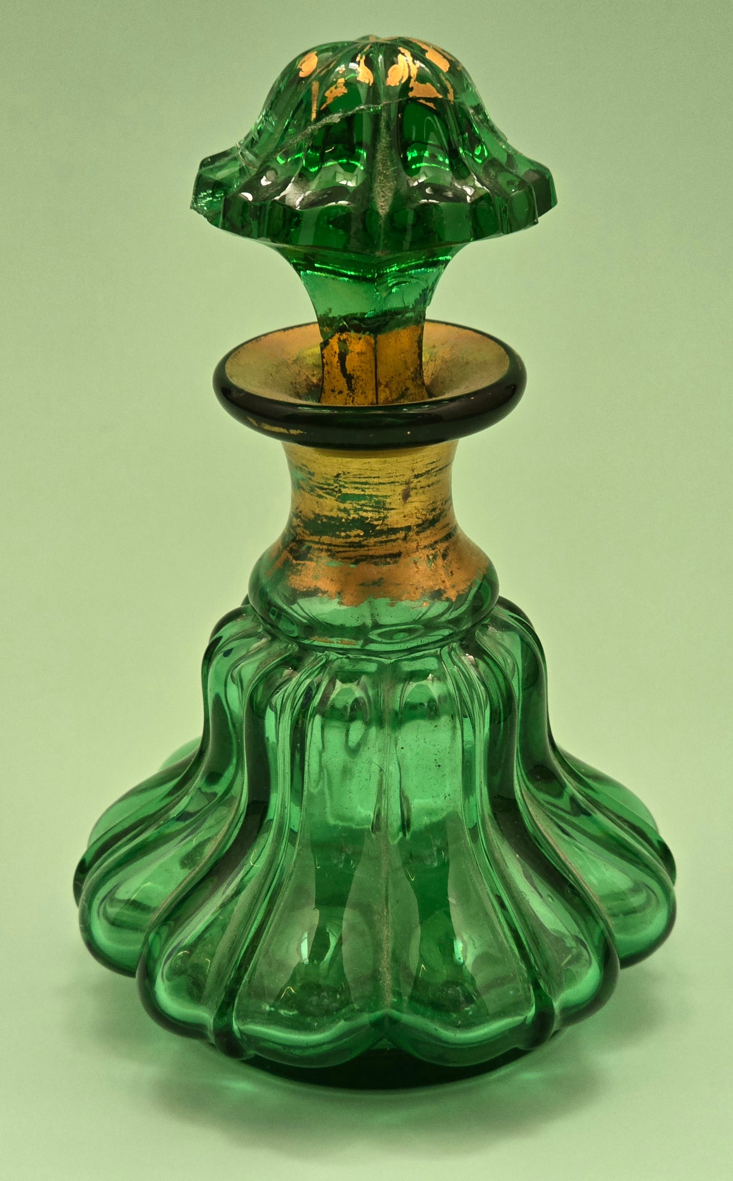 Antique Bohemian Green Glass Perfume Bottle with Gold Gilt, c.1880