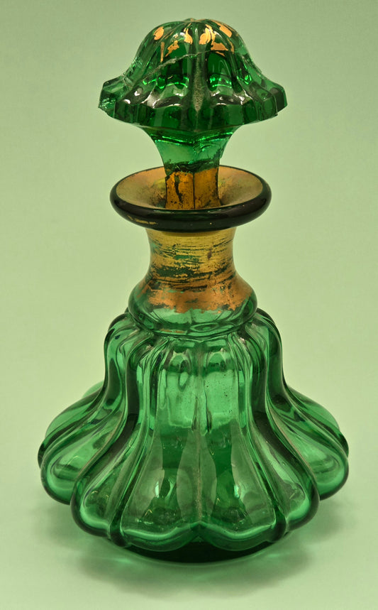 Antique Bohemian Green Glass Perfume Bottle with Gold Gilt, c.1880