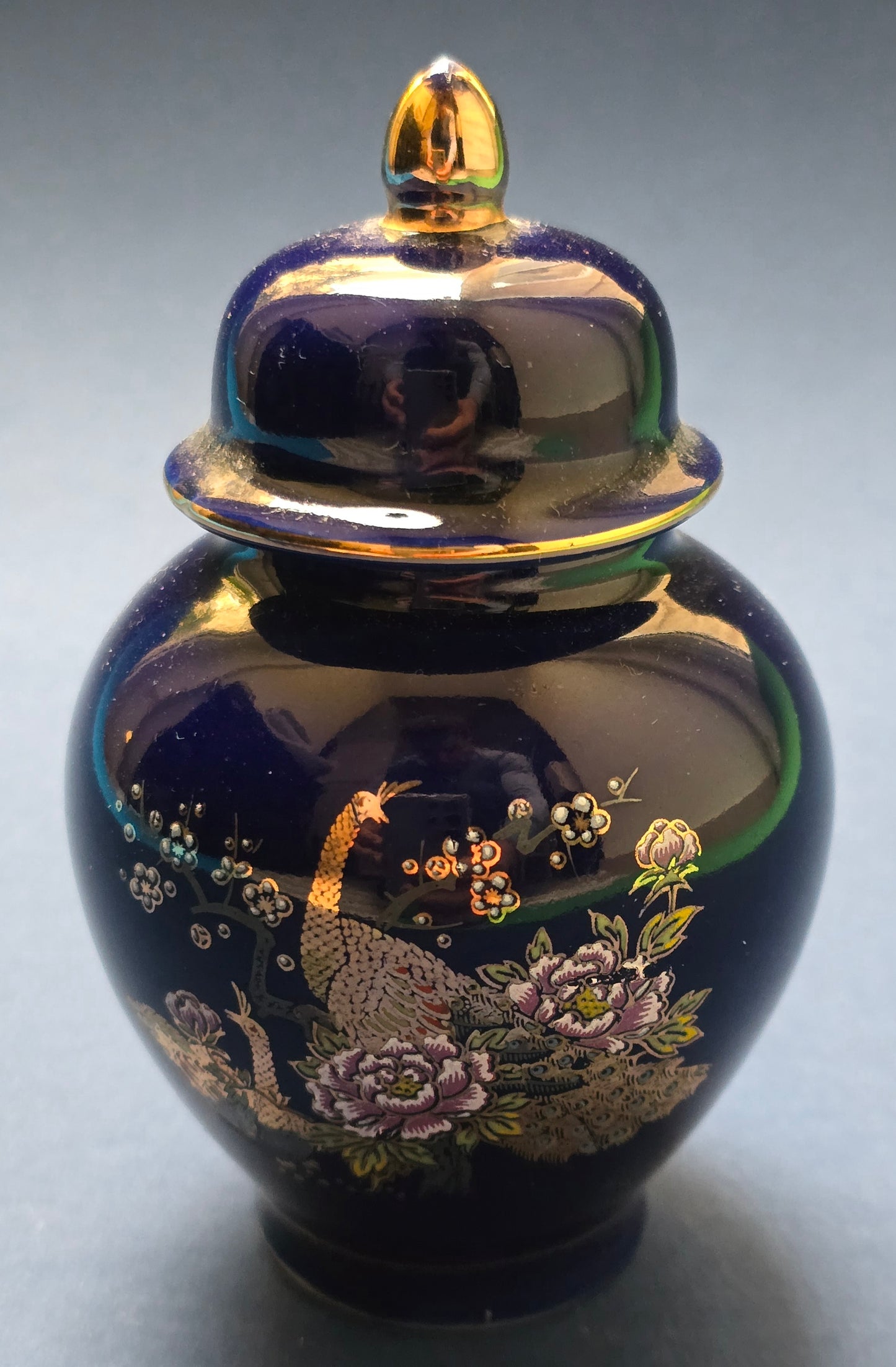 Italian 'Fine Cobalt' Ginger Jar with Lid, Peacock & Peonies, c.1950–1960