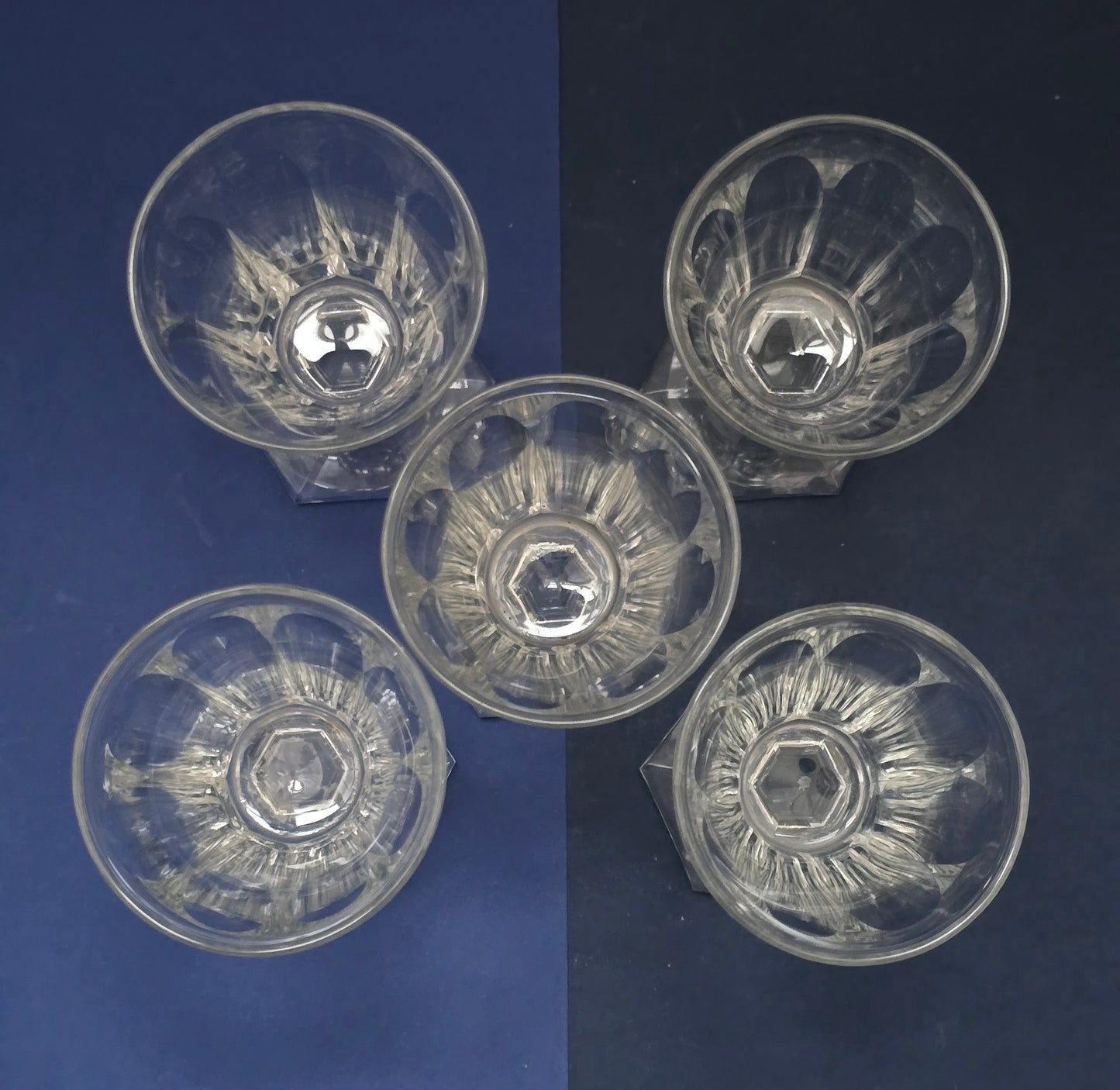 Set of 5 Antique Crystal Wine Glasses with Hexagonal Foot & Panel-Cut Body, c.1900