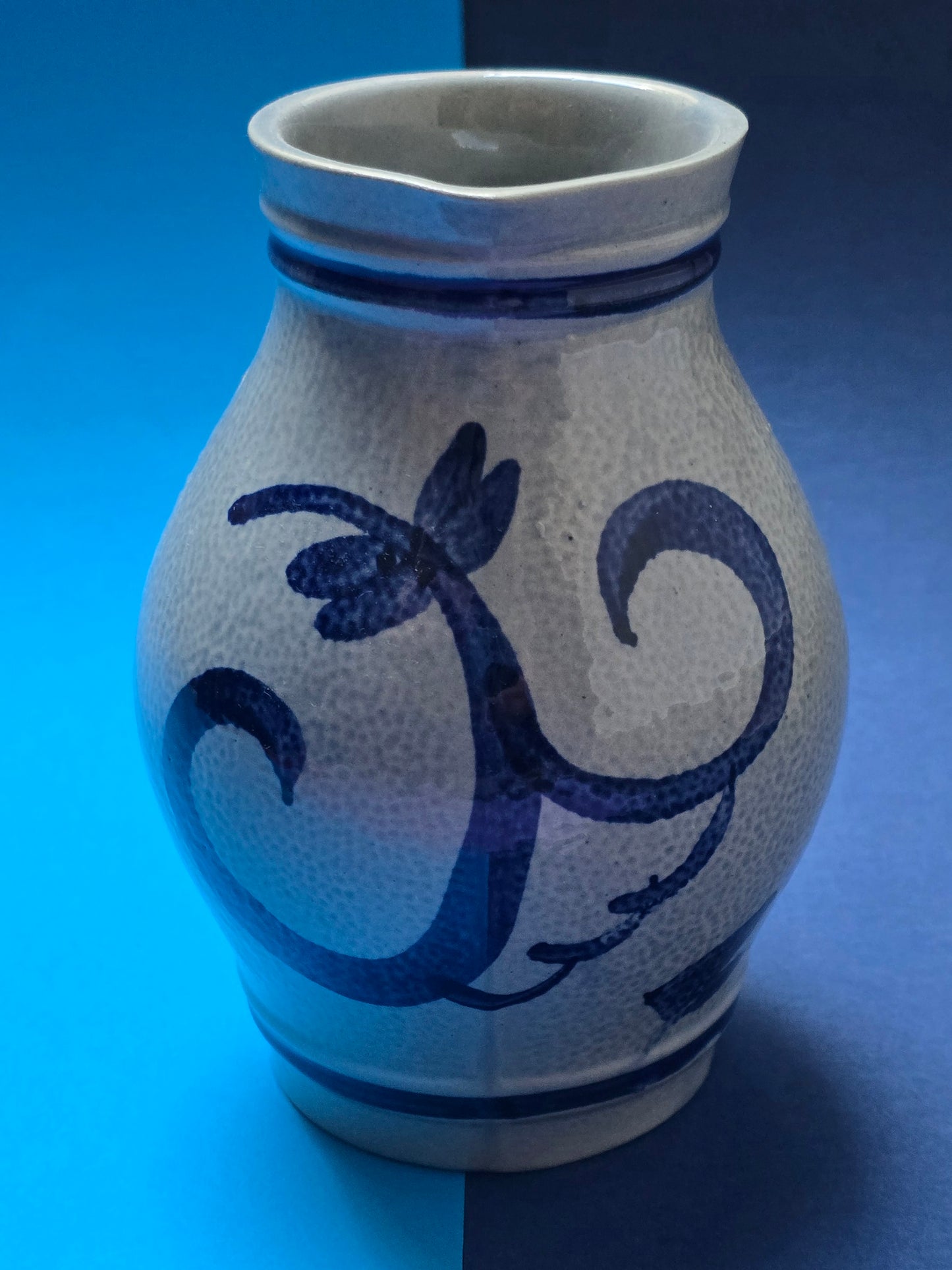 Original Gerz Westerwald Stoneware Pitcher, Cobalt Blue Floral, W. Germany, c.1950s