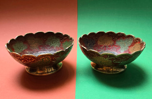 Indian Brass Peacock Bowl – Moradabad Enamel & Engraving, c.1900–20 — Set of 2
