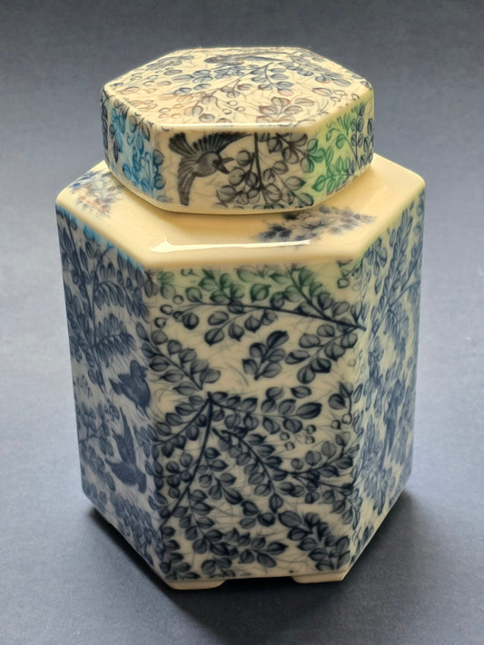 Chinese Blue & White Hexagonal Storage Jar with Lid, Birds & Foliage, c.1950