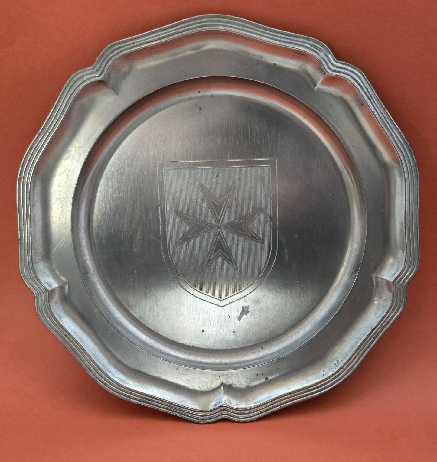 French Pewter Decorative Plate | Maltese Cross Coat of Arms | c.1960s