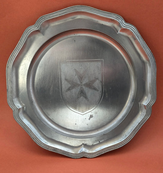 French Pewter Decorative Plate | Maltese Cross Coat of Arms | c.1960s