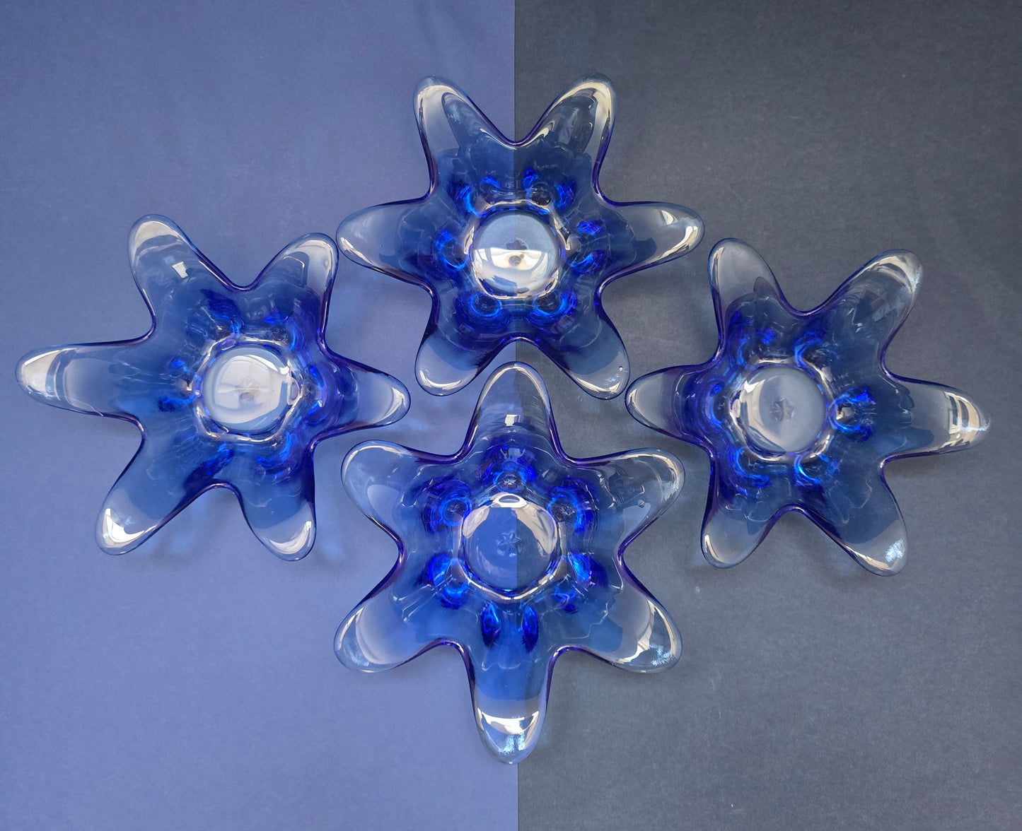 Blue Pressed Glass Flower Candle Holders – Set of 4, 1970s