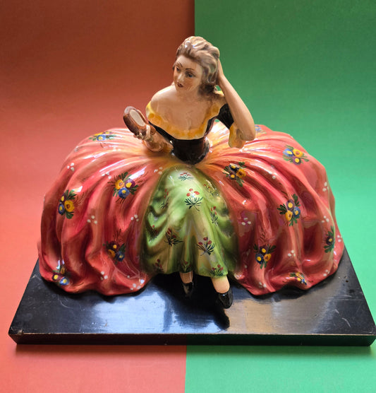 Italian Hand-Painted Ceramic Lady Figurine on Wood Base, c.1940s–1950s