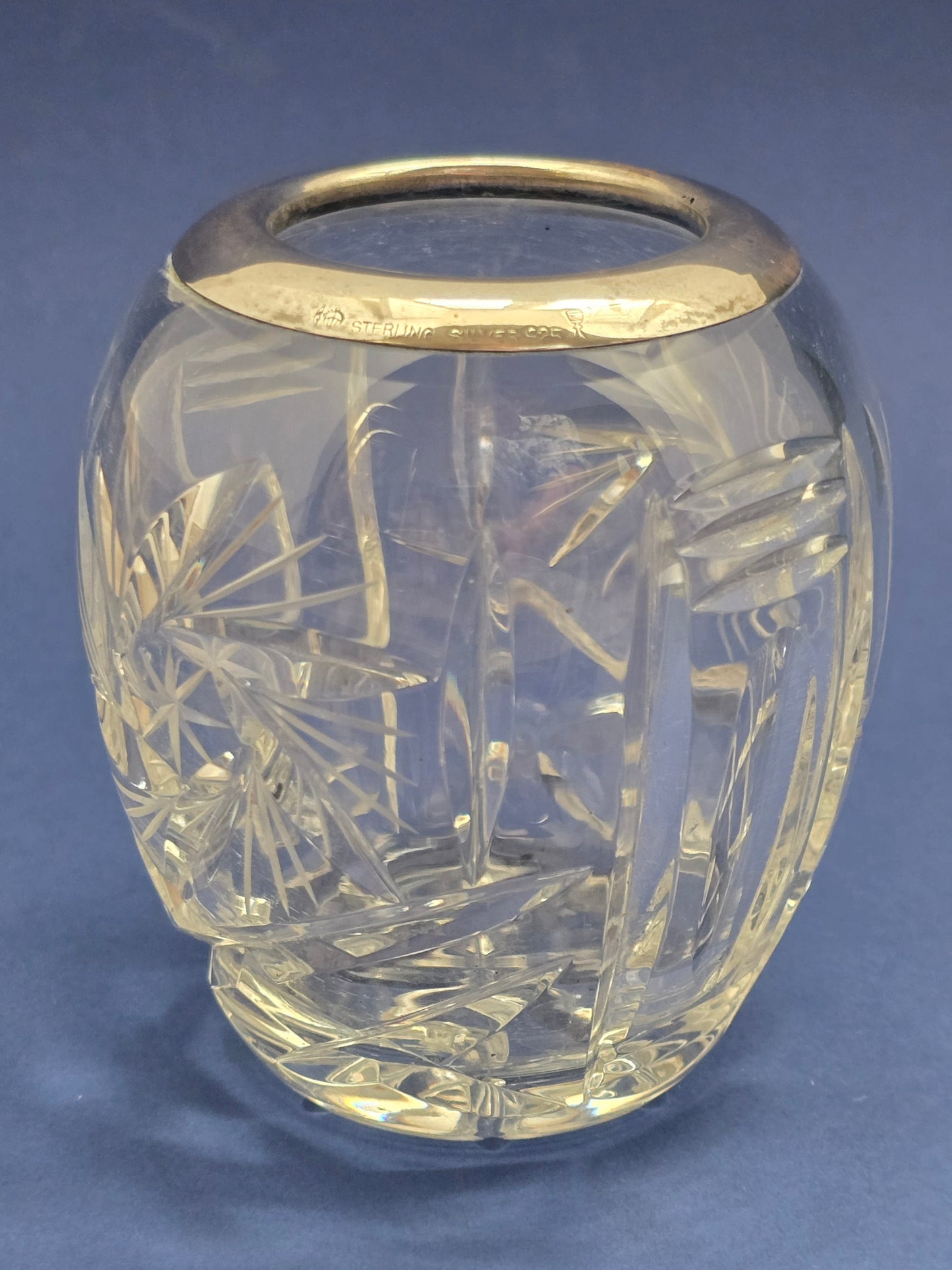 Antique Cut Crystal Vase with Sterling Silver 925 Rim by Wilhelm Binder, c.1910–1930