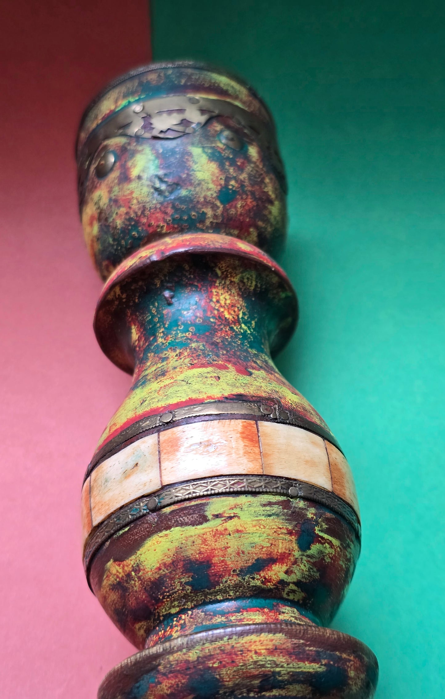Indian Lacquerwork Candlestick with Bone Inlay & Brass Fittings – Rajasthan, c.1880–1920