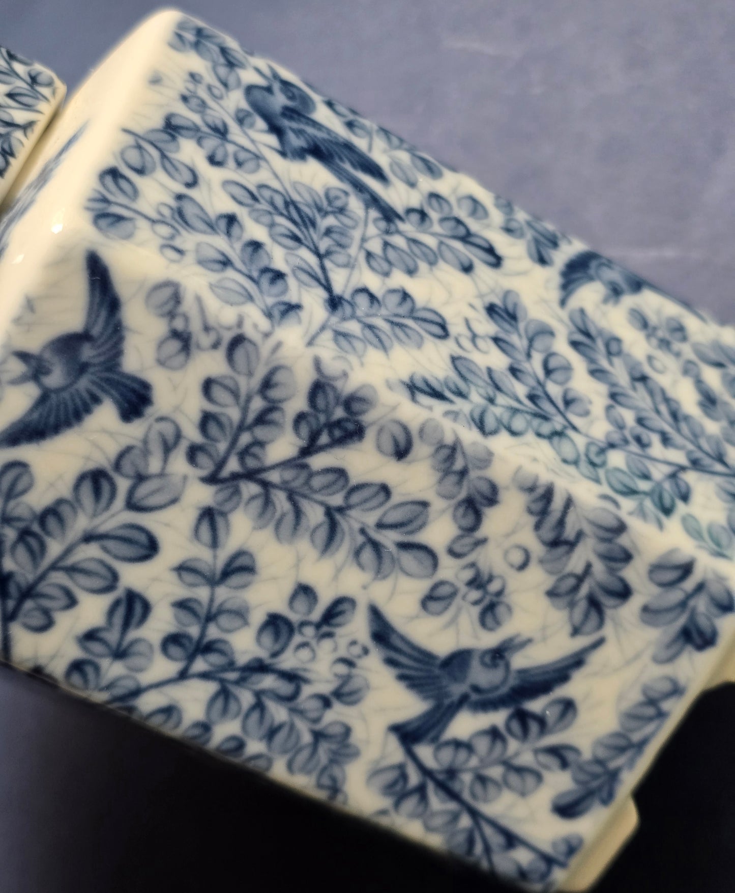 Chinese Blue & White Hexagonal Storage Jar with Lid, Birds & Foliage, c.1950