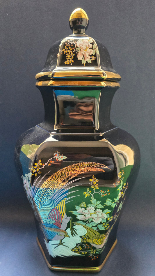 Italian Cobalt Blue Hexagonal Vase with Lid, Hand-Painted Pheasant & Peonies, Model A35, c.1950