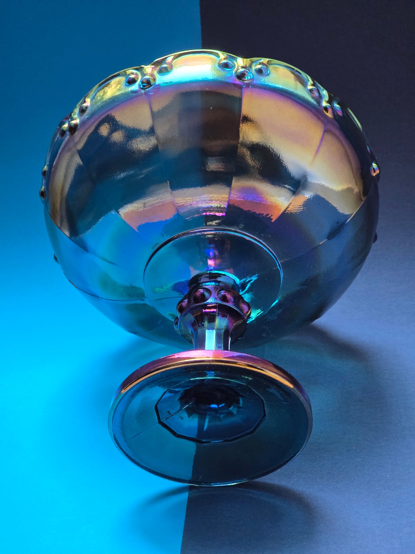 Indiana Glass Iridescent Blue Carnival Glass Compote – 1970s USA
