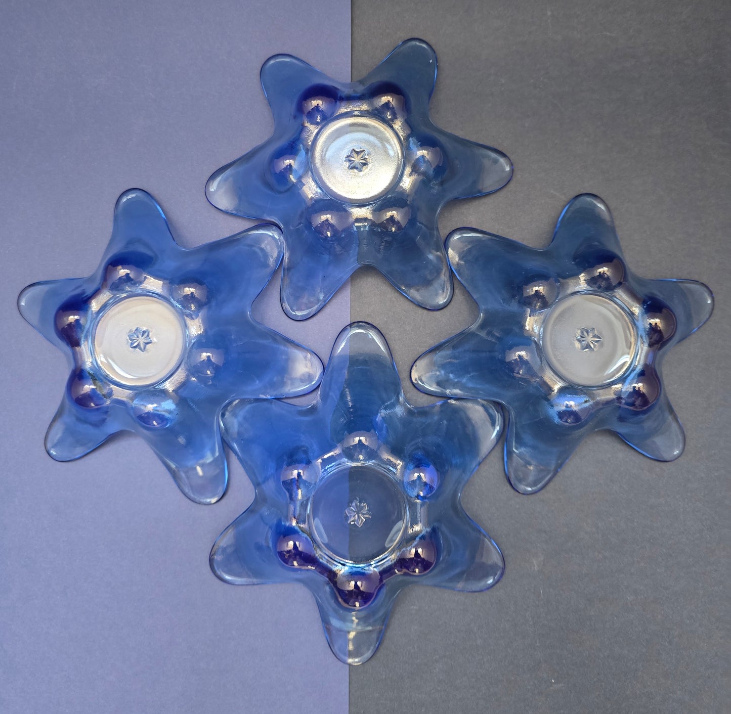 Blue Pressed Glass Flower Candle Holders – Set of 4, 1970s