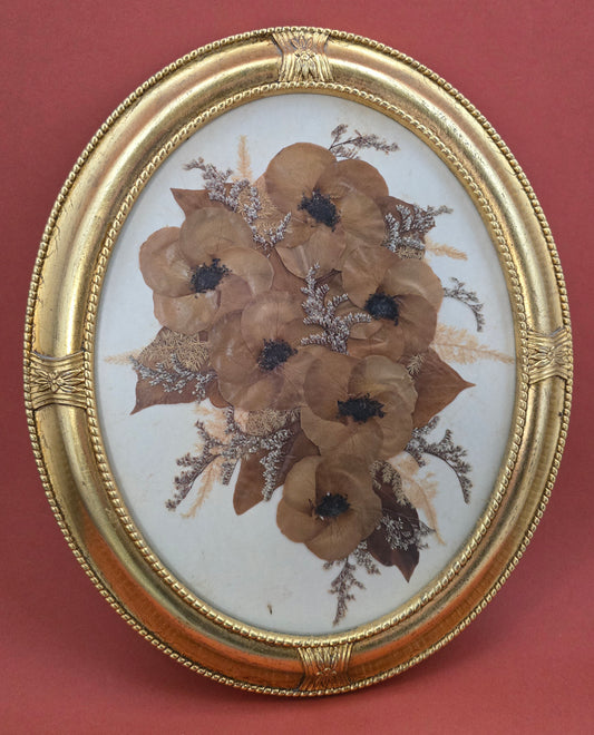 Vintage Pressed Flower Picture | Oval Gilt Frame | Anemones & Heather | c.1960s–70s