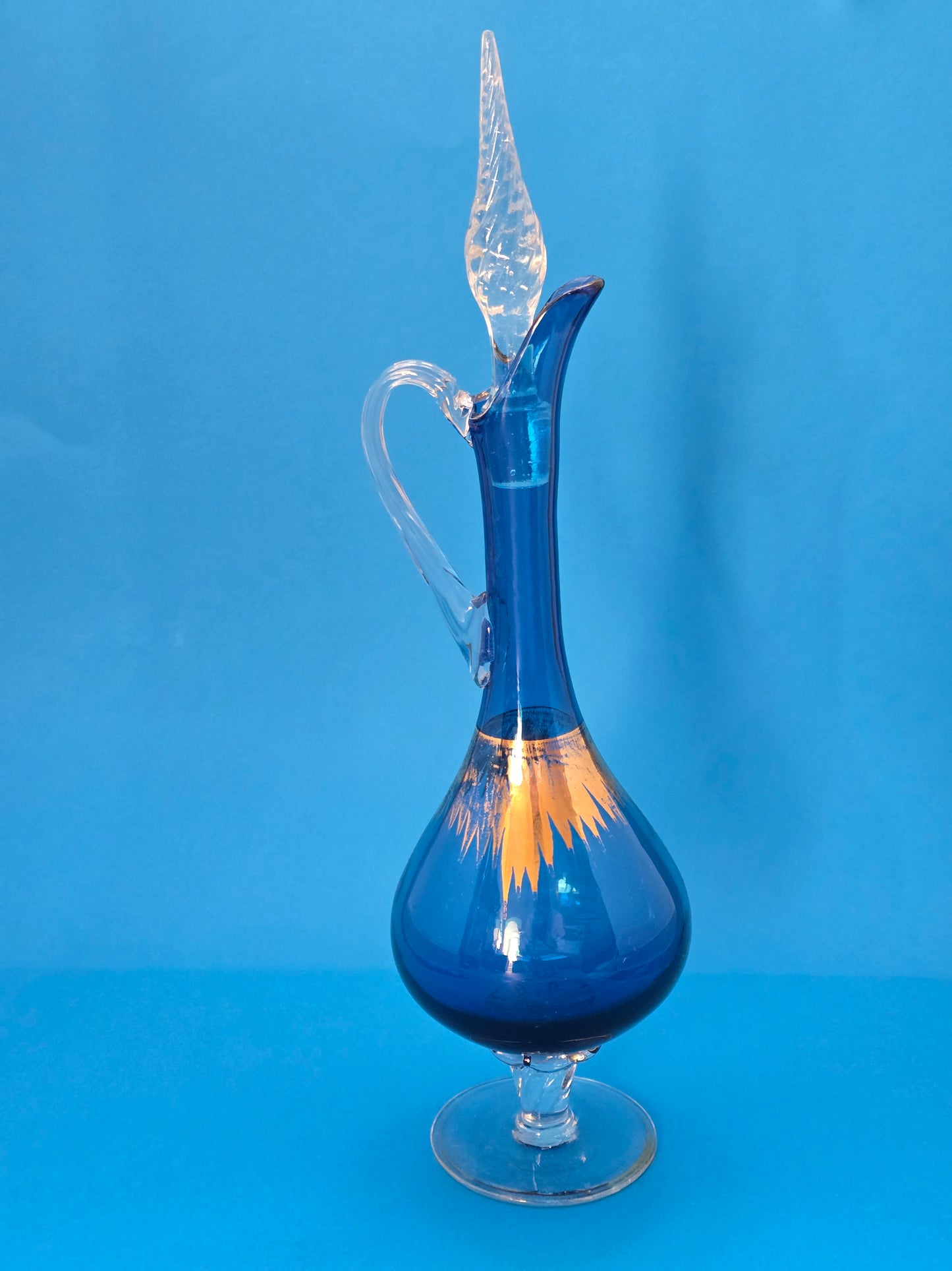 Italian Empoli Cobalt Blue Glass Decanter | Gold Decoration | c.1960s