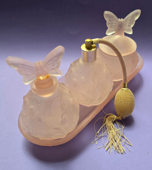 Pink Frosted Glass Butterfly Vanity Set – Perfume Atomiser, Bottle & Trinket Box, 1970s