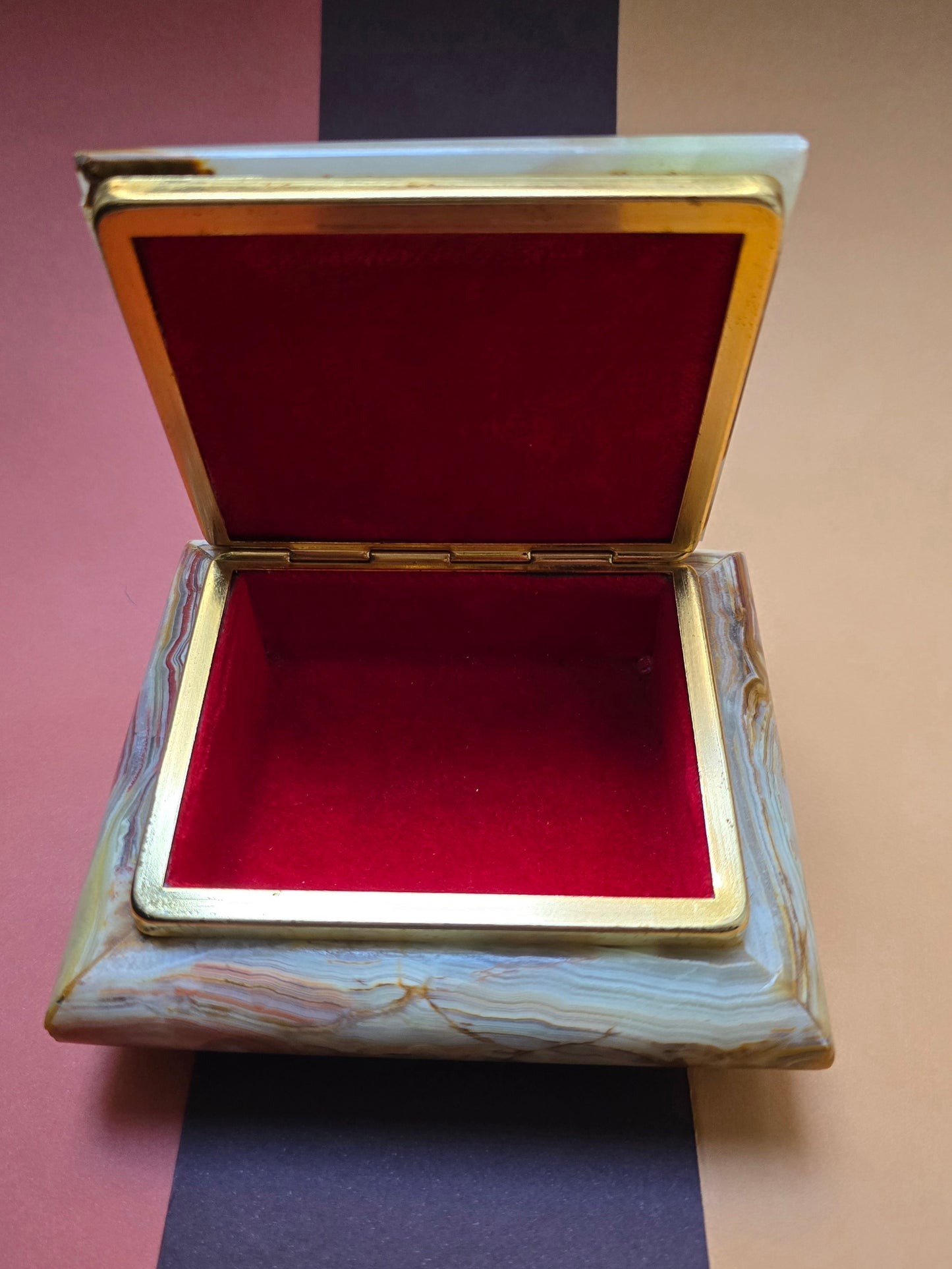Italian Onyx Jewellery Box – Red Velvet Interior, Brass Fittings, 1960s