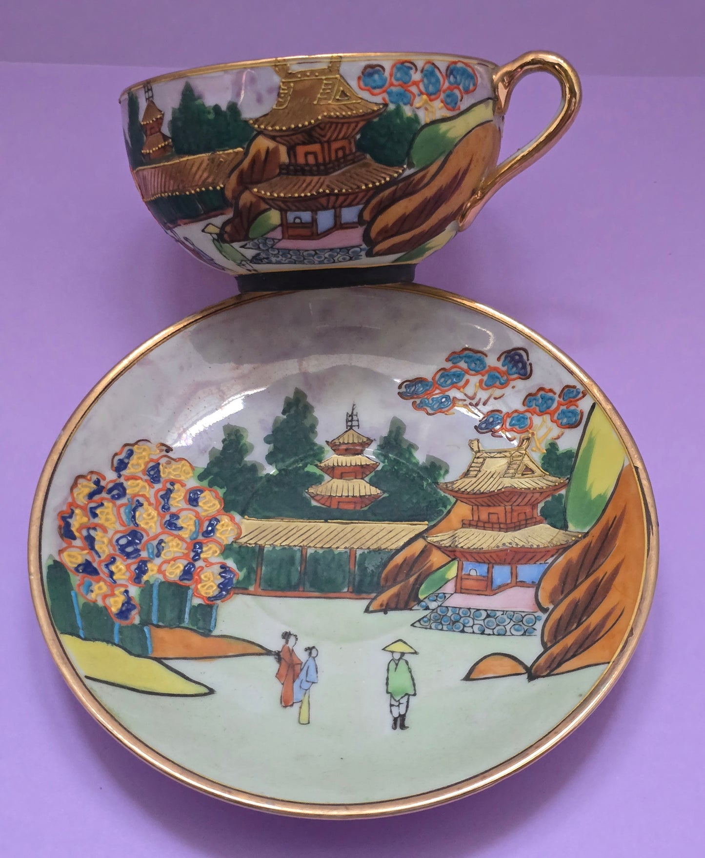 Satsuma Relief Hand-Painted Eggshell Porcelain Tea Cup & Saucer – 1920s Japan
