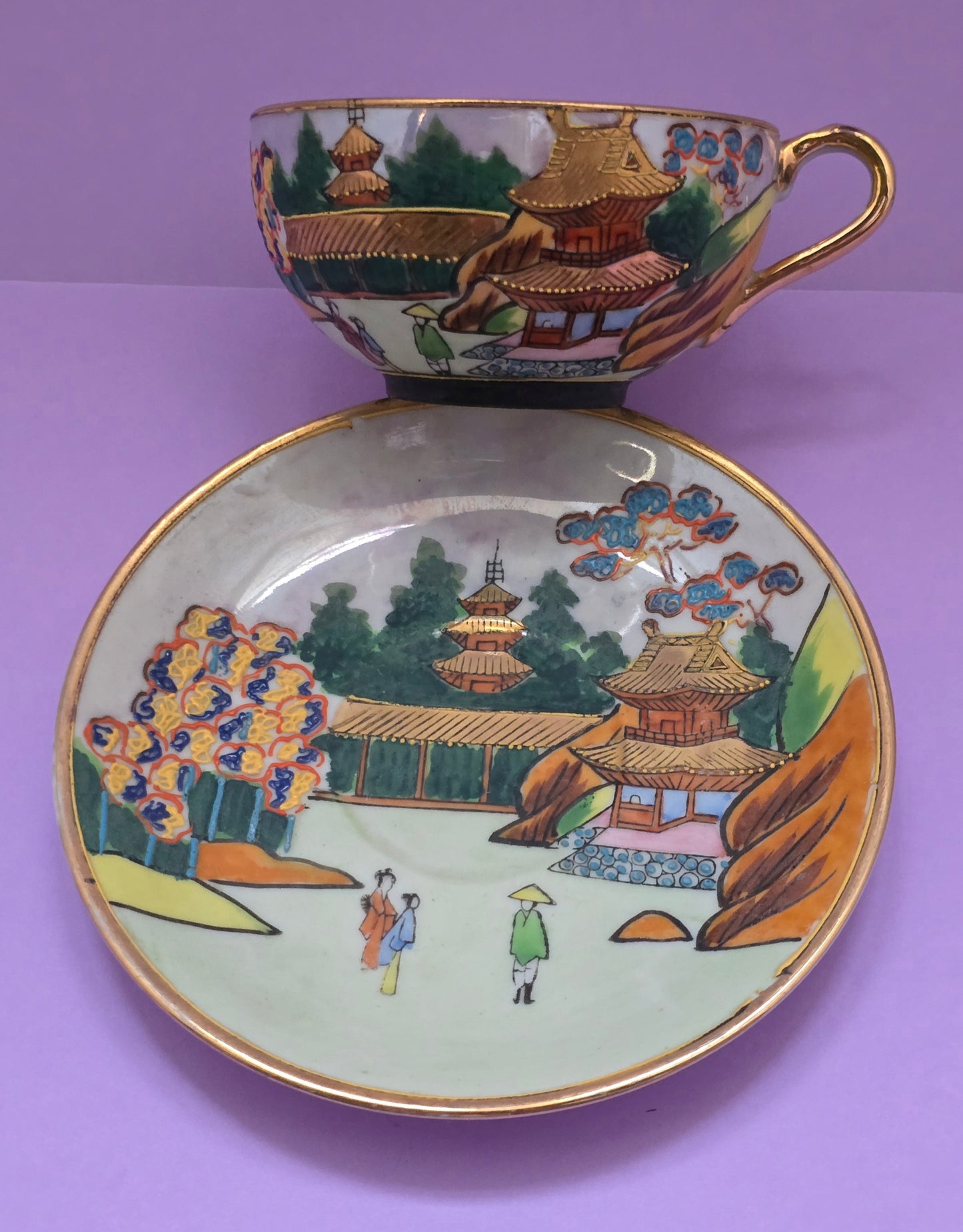 Satsuma Relief Hand-Painted Eggshell Porcelain Tea Cup & Saucer – 1920s Japan