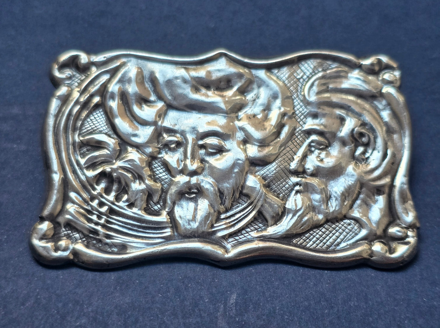 Art Nouveau Silver Brooch, Two Bearded Faces in High Relief, Signed HJ, Prague, c.1900