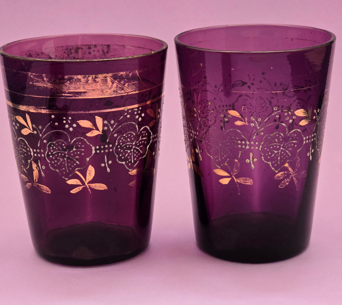 Bohemian Amethyst Glass Tumblers with Gold Enamel – Set of 4, 1870–1890