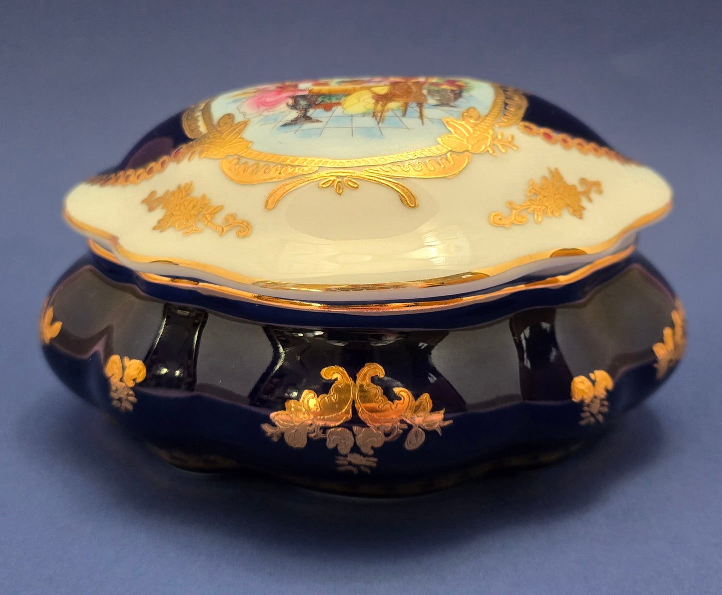 Limoges Cobalt Blue & Gold Porcelain Jewellery Box c.1970