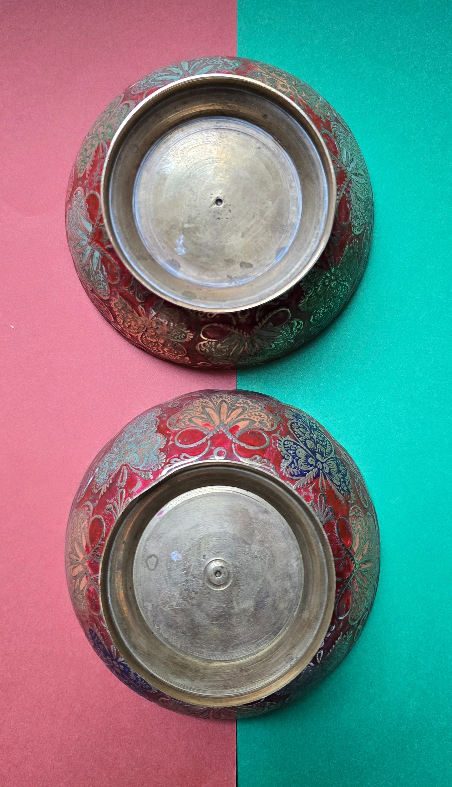 Indian Brass Peacock Bowl – Moradabad Enamel & Engraving, c.1900–20 — Set of 2