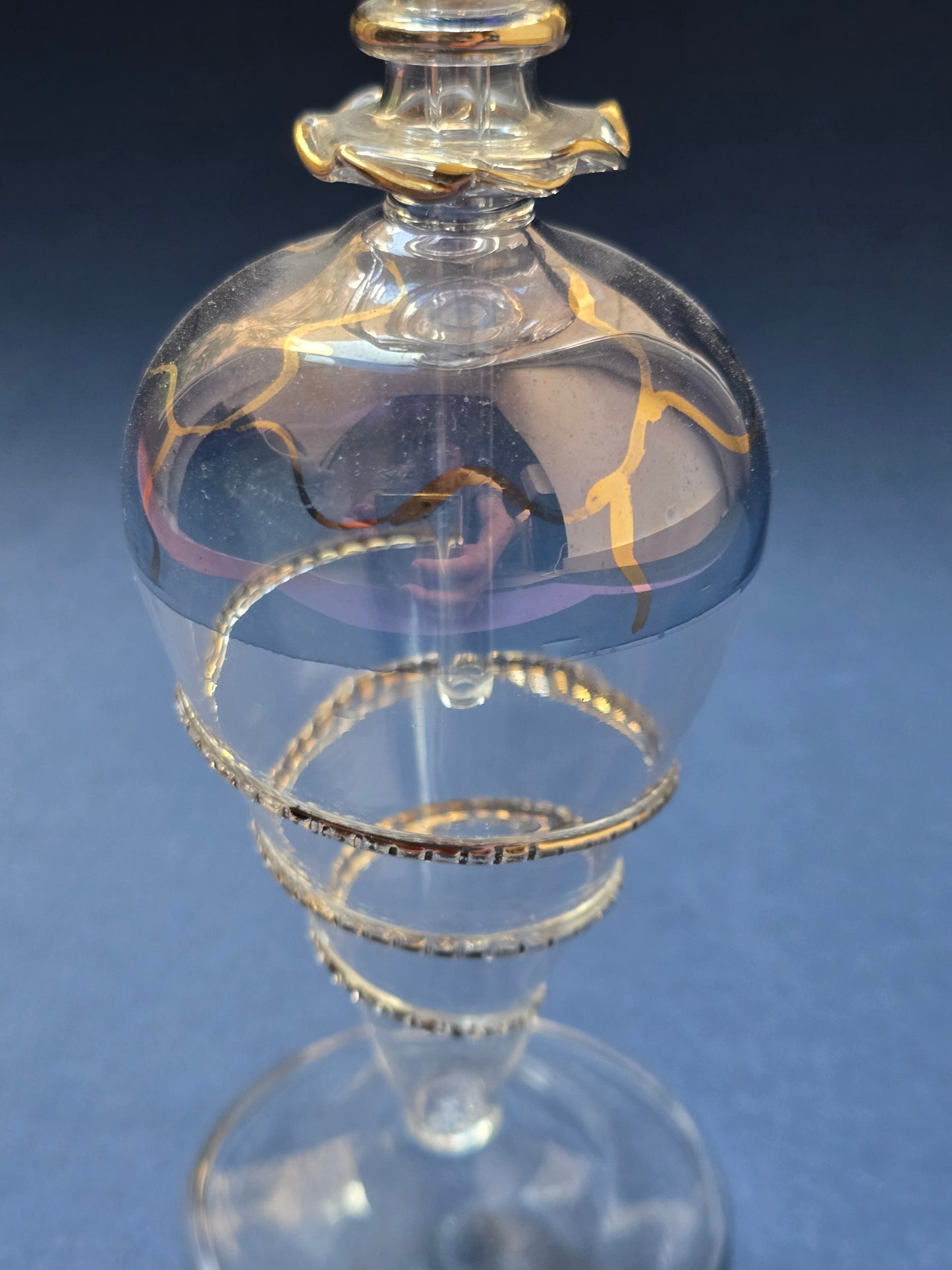 Egyptian Hand-Blown Iridescent Perfume Bottle with Applicator, Gold Spiral, c.1950s