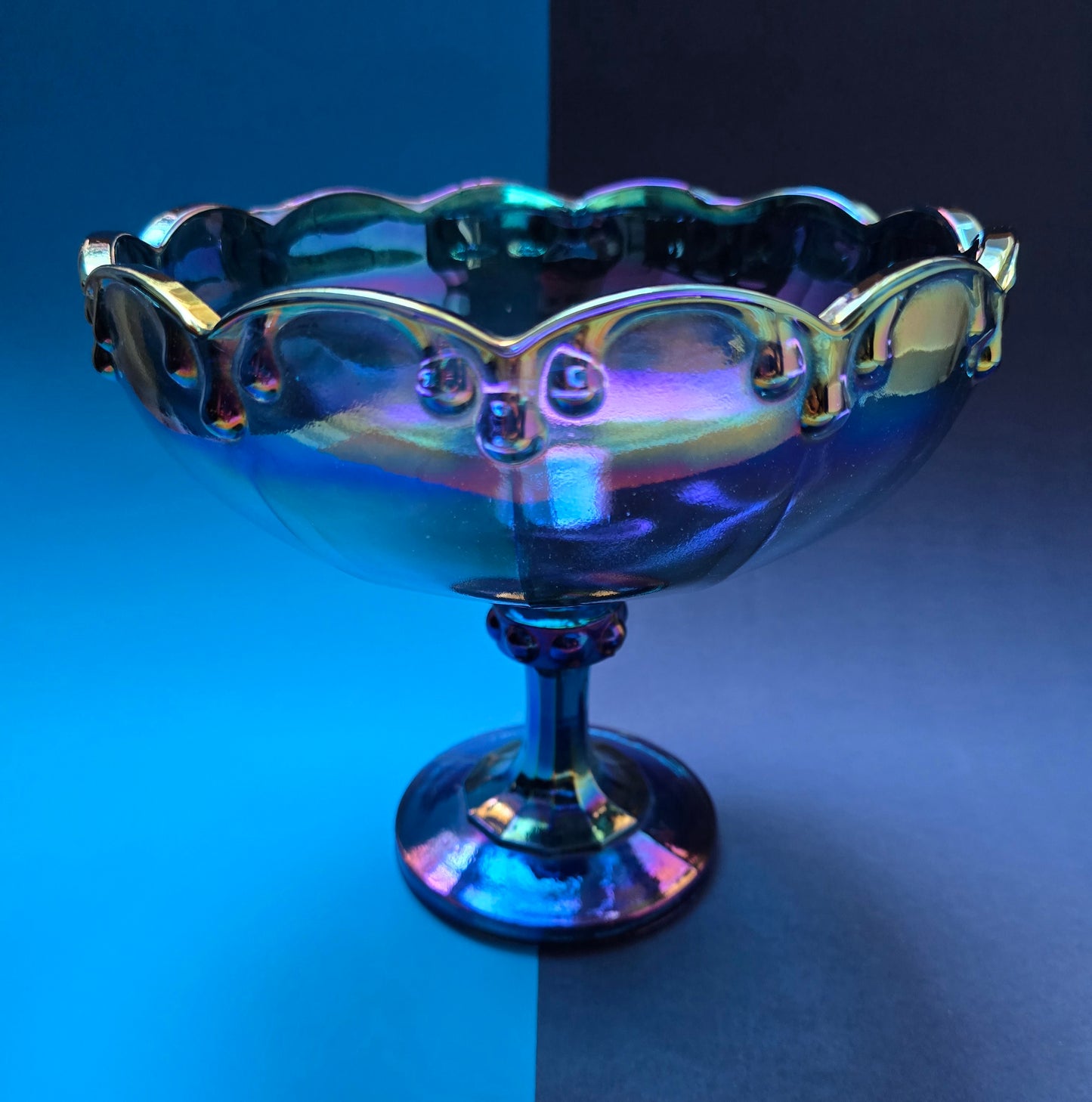 Indiana Glass Iridescent Blue Carnival Glass Compote – 1970s USA