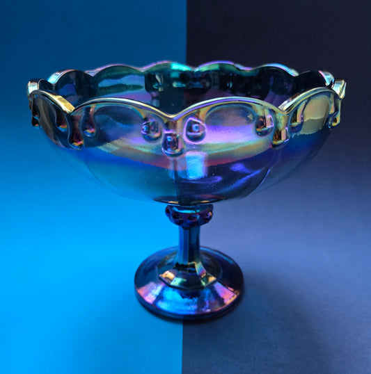 Indiana Glass Iridescent Blue Carnival Glass Compote – 1970s USA