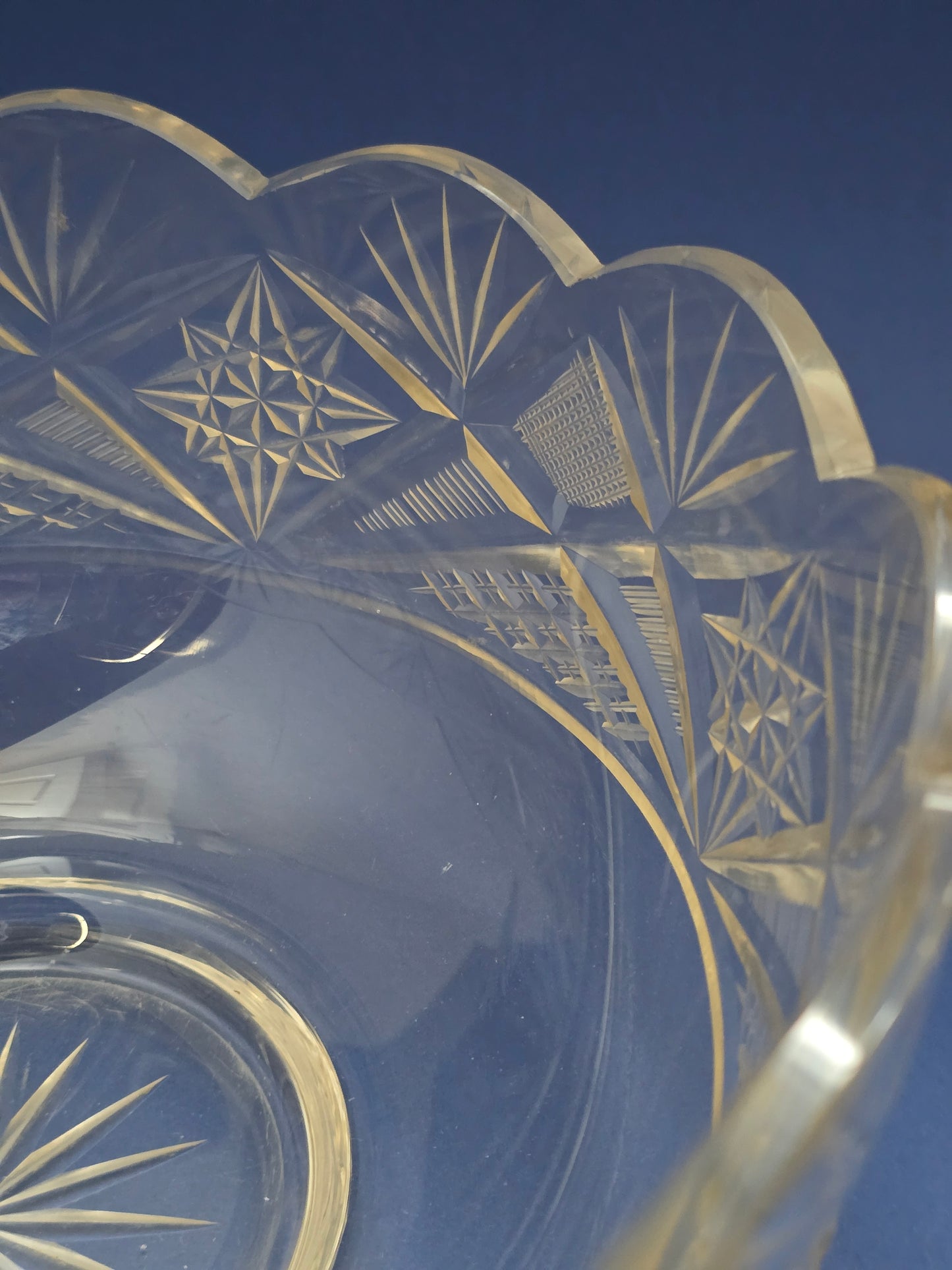 Antique Cut Crystal Bowl with Scalloped Rim, Star & Fan Pattern, c.1920