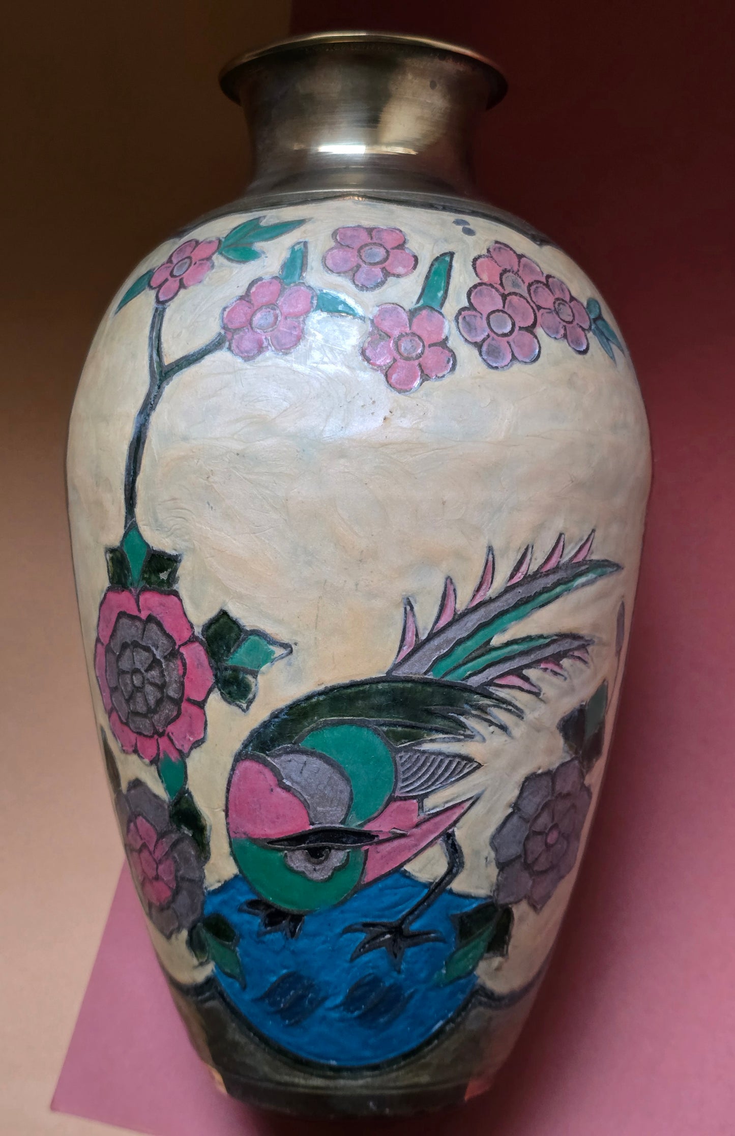 Indian Brass Vase with Cloisonné-Style Enamel Decoration – Bird & Floral, 1960s